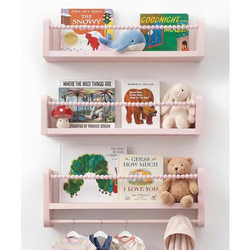 Nursery Book Shelves for Wall Set of 3, Pink Natural Wood Bookshelf Wall Decor, Small Floating Shelf Organizer for Kids Room, Bedroom, Kitchen Spice Rack