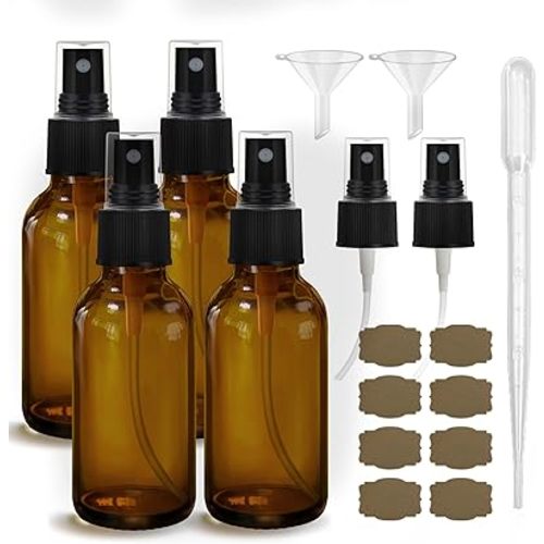 GIVAMEIHF Amber Glass Spray Bottles 4oz,Small Empty Glass Spray Bottle Fine Mist Spray Refillable Containers,Mini Travel Spray Bottles set of 4,Included 6 Sprinkler,2 Funnels,1 Droppers,8 Labels