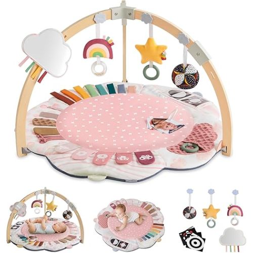 Blissful Diary Baby Play Gym & Activity Mat, 5 Developmental Zones Wooden Tummy Time Mat with 5 Detachable Sensory Toys for Motor Skills & Sensory Development, Baby Essentials Shower Gift, Pink Flower