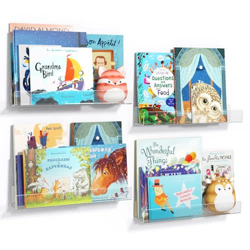 NIUBEE 16.5-Inch Acrylic Floating Bookshelves, 4-Pack, Clear Modern Wall Shelves for Child/Toddler, Invisible Ledge Book Shelves for Multi-Layer or Multi-Room Storage in Kids’ Rooms and Family Spaces
