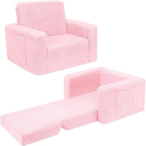 SLIGUY Toddler Couch, Toddler Chair,Toddler Sofa, Kids Couch, Kids Sofa Convertible Sofa to Lounger Pull Out Sofas Sherpa Cover Pink