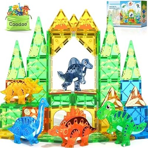 Dinosaur Toys Magnetic Tiles 3D Movable Dinos for Kids 3-5 5-7 Toddler Outdoor Sensory Toys, STEM Educational Magnetic Blocks for 3+ Years Old Boys Girls Kids Toy