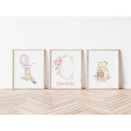 Classic Winnie the Pooh Girl Wall Art -Baby Girl Personalized Winnie the Pooh Wall Art, Set of 3 Prints, Pink Floral Winnie the Pooh 606