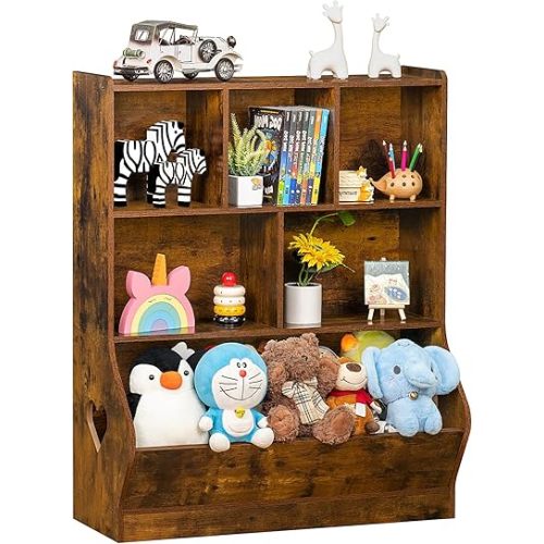 Lerliuo Kids Toy Storage Organizer, 3 Tier Children Small Bookcase and Bookshelf, Toddler 7 Cubby Toy Storage Cabinet, Toy Shelf for Playroom, Bedroom, Living Room, Nursery, School 29.53'' H (Brown)