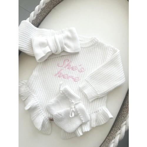 Embroidered She’s here Knit Baby girl Romper with Ruffles: Personalized Cotton Outfit, newborn arrival