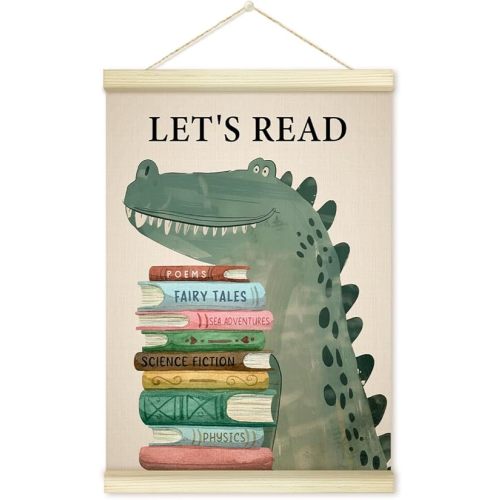 Cute Crocodile Animal Reading Poster Hanger Frame, Let's Read Poster Frames Artwork Canvas Wall Art Prints, Educational Wall Decor Art Prints Hanging For Kids Room Nursery Classroom 12x16 Inch - 09