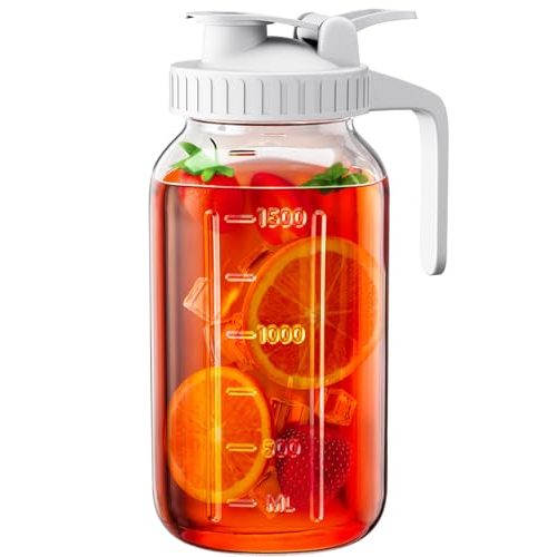 64 oz Mason Jar Pitcher, Glass Pitcher with Lid for Sun Tea & Iced Tea | Airtight, Leak Proof, Wide Mouth, Pour Spout Lid, Thick Glass, Fridge Safe, Ergonomic Handle, Easy to Clean
