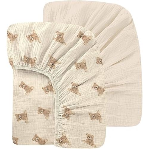 100% Organic Cotton Muslin Mini Crib Sheets 38x26 Inches 2 Pack Soft, Pack and Play Sheet for Pack N Play Mattress, Playard Baby Crib Bed Sheets Fits Well Standard Size Crib Mattress 26x38 Inches