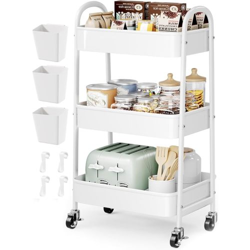3 Tier Rolling Cart Metal with Wheels, Heavy Duty White Three Tiered Craft Cart Organizer on Wheels, Utility Roller Storage Carts for Art, Baby Nursery, Diaper Caddy, Snack,Book,Nail,Cleaning Supplies