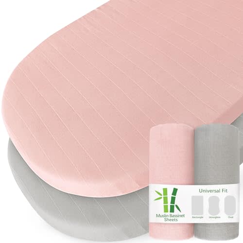 2 Pack Muslin Bassinet Sheets for Boys and Girls,Grey & Pink | Ultra Soft Muslin,Breathable & Durable,Fitted Baby Bassinet Sheet for Standard Bassinet Mattress(16''×32''/17"x32"/20''x33'')