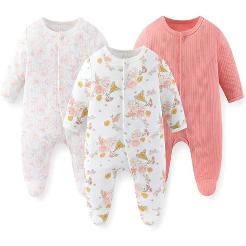 JELYLOVE 3 Pack Long Sleeve Baby Footed Rompers 0-12 Months | Unisex Mix and Match,100% Cotton Soft Fabric,Easy Snap Closure,Warm Footed Design,Cozy Everyday Wear