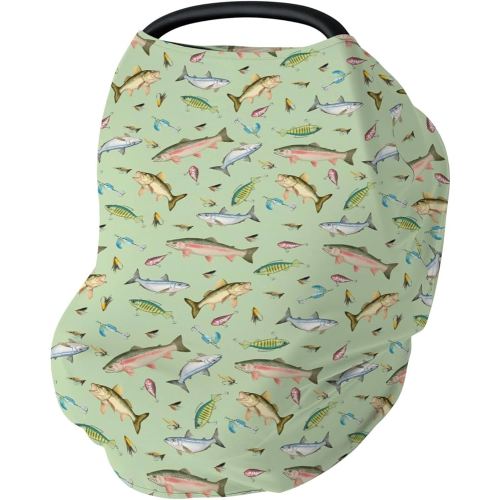 Fishing Baby Car Seat Covers Freshwater Fishes Lures Stretchy 5-in-1 Cover Adjustable Infant Carseat Canopy Cover Lake Outdoors Fishing Lovers Gift Breathable Nursing Cover-Up