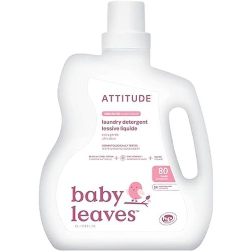 ATTITUDE Baby Laundry Detergent Liquid, EWG Verified, Unscented, Safe for Newborn & Infant Clothes, Plant-Based Vegan Naturally Derived, HE Compatible, 80 Loads, 67.6 Fl Oz
