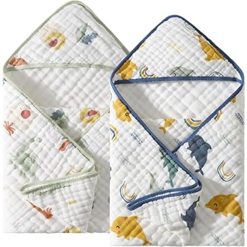 Baby Hooded Towel 2 Pack, Ultra Absorbent & Soft Muslin Baby Towel - 32 x 32 Inches, Baby Bath Towel for Newborns, Infants & Toddlers, Ideal for Bath Time, Pool & Beach