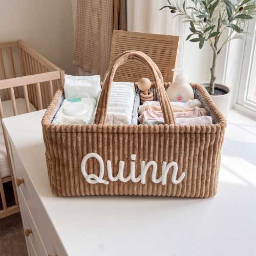 Personalized Corduroy Diaper Caddy with Yarn Name Handles for Neutral Nursery Changing Table Essentials