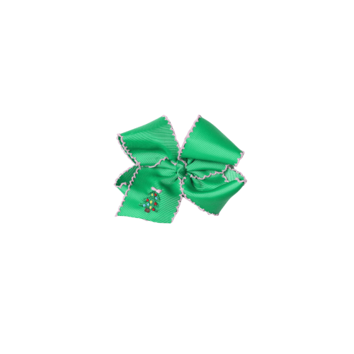Embroidered Christmas Tree Scalloped Edge Grosgrain Bow Green/Pink