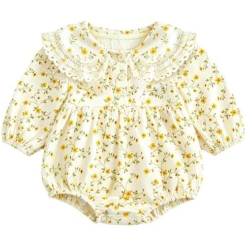 Baby Girl Vintage Floral Romper Lace Peter Pan Collar Long Sleeve Bodysuit Cute Jumpsuit One Piece Outfit