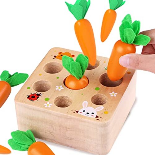 Cheffun Wooden Montessori Toys for Toddlers - 1 Year Old Baby Toy Carrots Harvest Shape and Sizes Sorting Wooden Puzzle Blocks Game Best Educational Toys Games for Kids 1 2 3 4 Year Old Boys and Girls