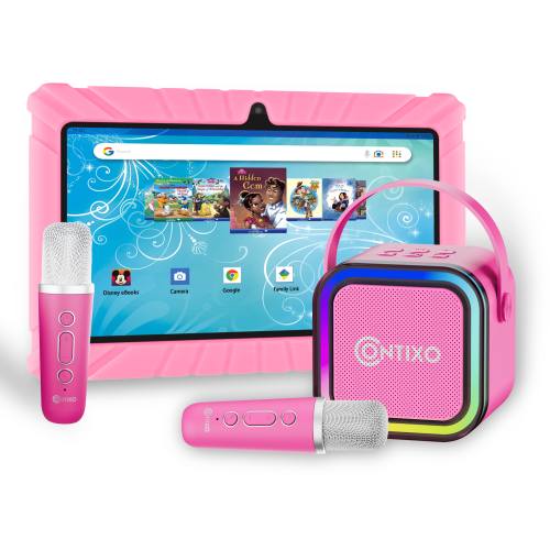Contixo 7" Kids Tablet Bundle, Disney Tablet w/ Bluetooth Karaoke & 2 Microphones, Parental Controls, 32GB, Pink