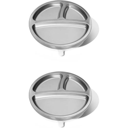 Avanchy Baby Plates with Suction – Stainless Steel Divided Plates for Toddlers, BPA-Free, Dishwasher Safe, Unbreakable, Non-Toxic, 100% Silicone Suction – 2 pack White