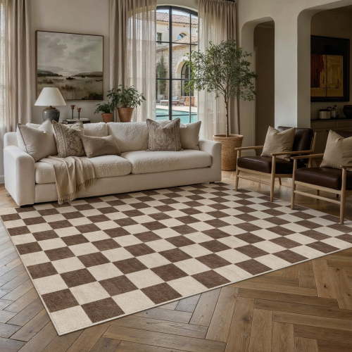 BERTHMEER 5'x7' Area Rugs for Living Room Bedroom Dining Room Office Geometric Modern Checkered Farmhouse Machine Washable Non-slip Traditional Distressed Carpets, Brown Beige