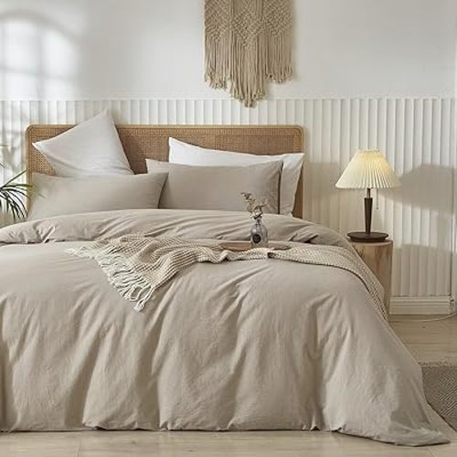 LIFETOWN 100% Washed Cotton Duvet Cover Set Linen Feel Natural Wrinkle Lightweight Comfy (Queen, Cream Grey)