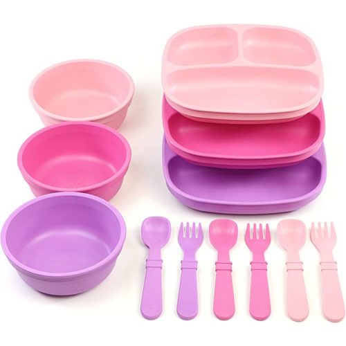 Re-Play 3 Divided Toddler Plates, 3 Utensils Set and 3 Wide Base Bowls - Dishwasher and Microwave Safe - Made in USA - Princess