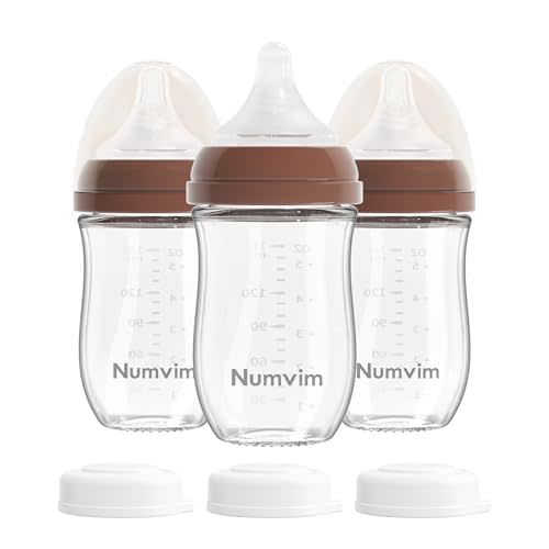 Numvim Natural Glass Baby Bottles Gentle & Extra Slow Flow, Newborn Breastfeeding Bottle with Anti Colic Nipple for 0 Months Babies, 3 Packs (Brown (5 Ounce), 1 Count (Pack of 3))