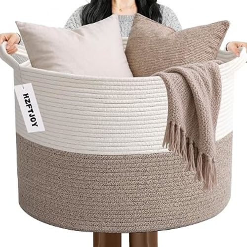 Large Woven Blanket Basket,65L Cotton Rope Laundry Basket