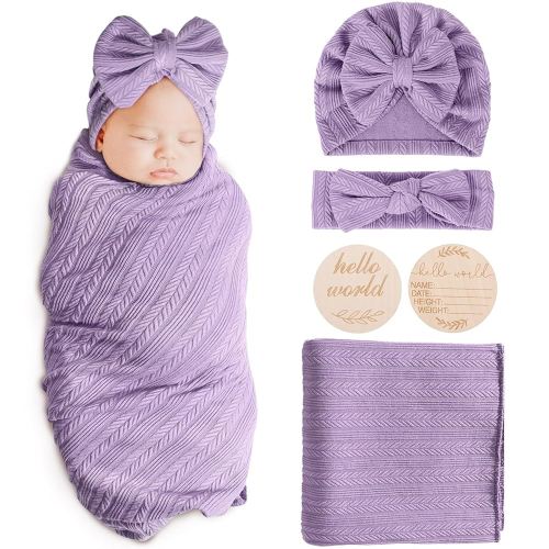 Newborn Receiving Blanket with Bow Hat Headband Wooden Card Set Wheat-Pattern Newborns Toddler Baby Boy Girl Nursery Swaddle Wrap
