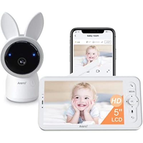 Arenti 2K Baby Monitor, WiFi 6 Security Camera with 5-Inch Upgraded Wireless Display, Super Night Vision, Lullabies, Cry & Motion Detection, Temp & Humidity Sensor, Two Way Audio
