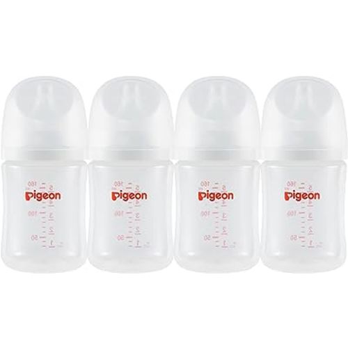 Pigeon PP Nursing Bottle Wide Neck, Streamlined Body, Natural Feel, Easy to Clean, 5.4 Oz(Pack of 4), Includes 4pcs SS Nipples (0m+)