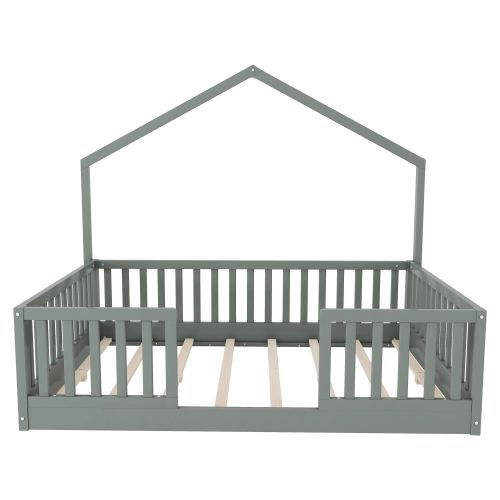 Wooden Floor Bed House-shaped Frame, Montessori Floor Bed with Light and High Rails, Wood Slat Support Floor Daybed-White