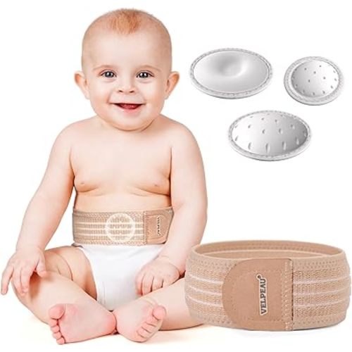 Velpeau Umbilical Hernia Belt Baby Newborn -with 3 Different Shaped Compression Pads, Belly Button Navel Band Wrap Truss Abdominal Binder Support for Infant, Children, Toddler, Kids (Khaki-Reg)