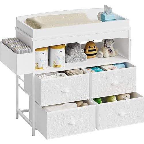 Baby Changing Table with Storage, Changing Table Dresser, Diaper Changer Crib Sleeper Fabric Drawers, Storage Dividers, Diapers Bags for Nursery Modern (4 Drawers/White)