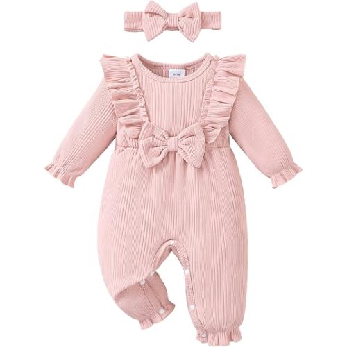 Renotemy Preemie Newborn Baby Girl Clothes Ruffle Long Sleeve Bow Romper Infant Fall Winter Outfits Jumpsuit with Headband