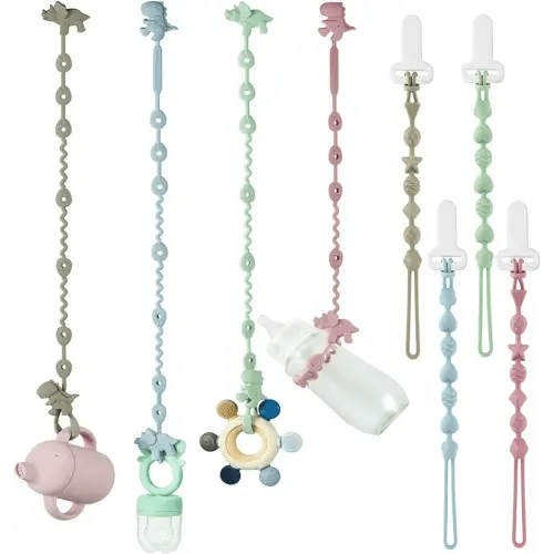 PandaEar 8 Pack Baby Toy Straps & Silicone Pacifier Clips, Dinosaur Silicone Pacifier Teether Harness Straps and Pacifier Holder Clips with One Piece Design for Baby Boys & Girls