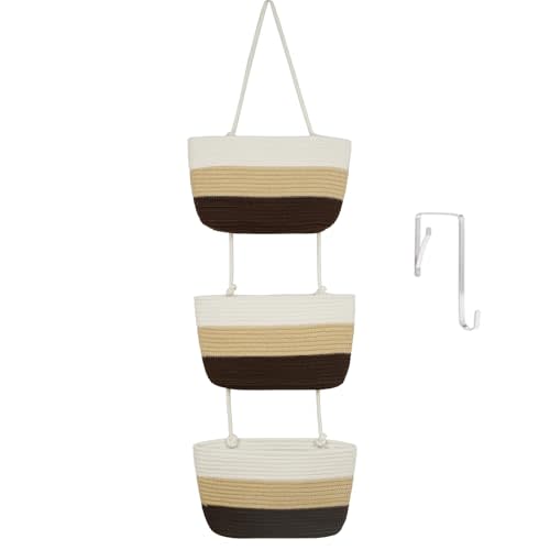 TeoKJ Over the Door Hanging Basket, 3-Tier Woven Cotton Wall-Mounted Storage Organizer Bag Decorative Hanging Nursery Baskets，Gradient Brown