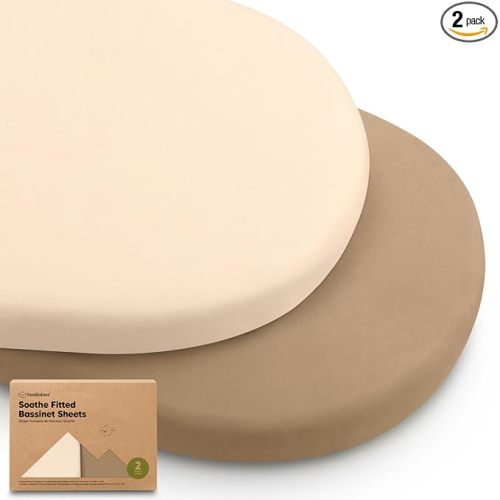 2-Pack Organic Bassinet Sheets for Girls, Boys - 100% Cotton Bassinet Mattress Sheets Compatible with Halo Bassinest Swivel Sleeper, Graco, Baby Delight, Chicco, Unisex Fitted Bassinet Sheets (Pecan)