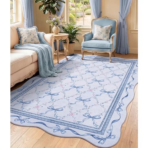 Blue Bow Area Rug for Girls: 5x7 Washable Scalloped Floral Rugs