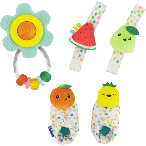 Infantino Baby's 1st Rattle Bundle Gift Set, Wrist Rattles, Foot Rattles, Spin & Teethe Gummy Rattle, Multicolor Fruit-Themed, 3-Piece Value Set for Babies 0M+