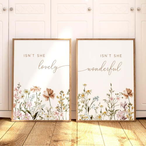 Wildflower Nursery Wall Art Set Of 2 Prints Isn't She Lovely And Wonderful Poster Floral Botanical Painting for Girl Room Nursery Decor Unframed
