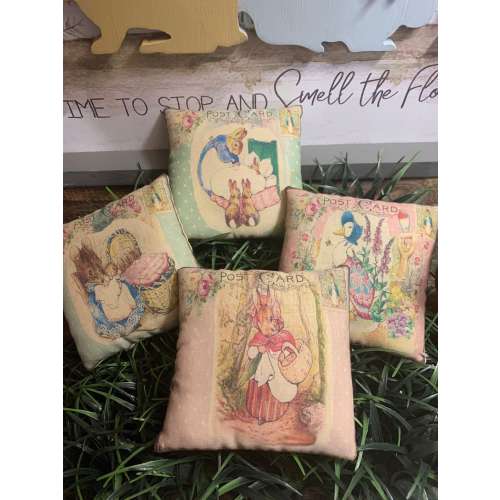 Set of 4 Primitive Vintage inspired Peter Rabbit Beatrix Potter Easter Pillows (Approx 4.5” x 4.5”) Vintage Hare