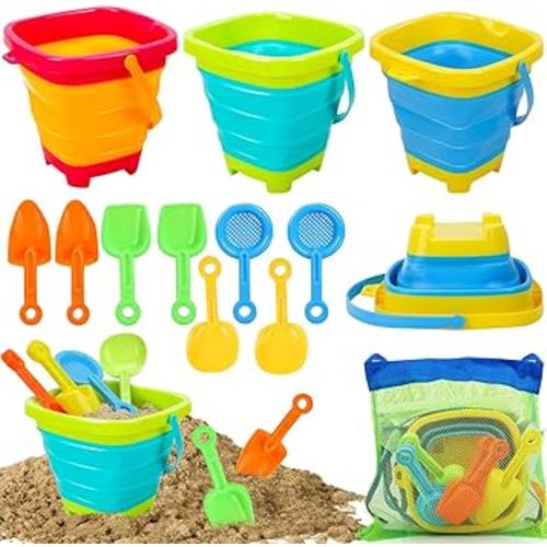 TOY Life Beach Toys for Toddler 1-3 Sand Toys for Kids Beach Toys for Kids Ages 4-8 with 4 Callapsible Buckets Sandbox Toys Beach Toys for Kids Ages 8-12 with Shovels Collapsible Beach Toys 2.5L