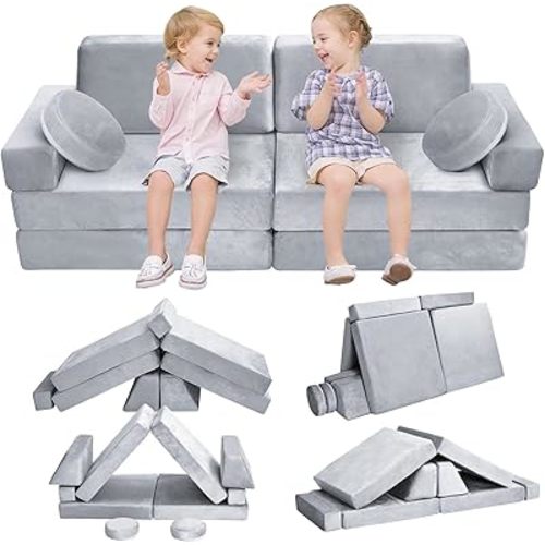 10Pcs Kids Play Couch,Toddler Sofa,Modular Kids Couch for Playing, Creativing, Sleeping (Grey)