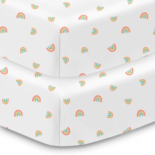 Cotton Percale Fitted Sheet, For 52" x 28"/132 x 71 cm Crib Toddler Bed Mattress, Rainbows (2-Pack)