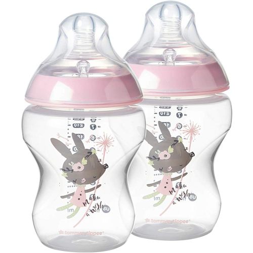 Tommee Tippee Closer to Nature Baby Bottle Decorated Pink, Anti-Colic Valve, Breast-Like Nipple, Slow Flow, BPA-Free - 0+ Months, 9 Ounce, 2 Count (Design May Vary) (522522)