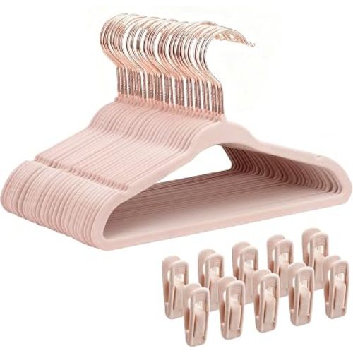 Baby Velvet Hangers 30 Pack, 14 in Kids Hangers with 10 Removable Clips, Non-Slip & Ultra Thin 0.2 in Felt Hangers for Aged 6-12 Years Clothes Organizers (Rose Gold Hook), Pink
