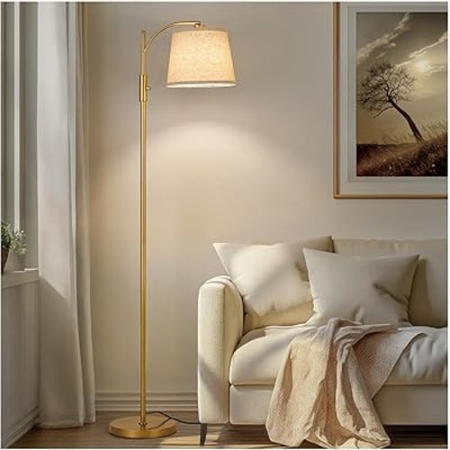 AIDENOEY Fully Dimmable Floor Lamp for Living Room，Standing Lamp Rotary Switch with Linen Beige Shade，Golden Tall Lamps for Bedroom with Adjust Head，9W LED Bulb Included