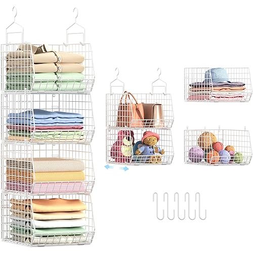 4" Extra Deeper Foldable Hanging Closet Organizer, Small Wire Cabinet Shelves and Storage with 5 S Hooks,4 Tier Metal Basket Bins for Clothes Sweaters Handbags, Wardrobe for Kitchen Laundry Room，White